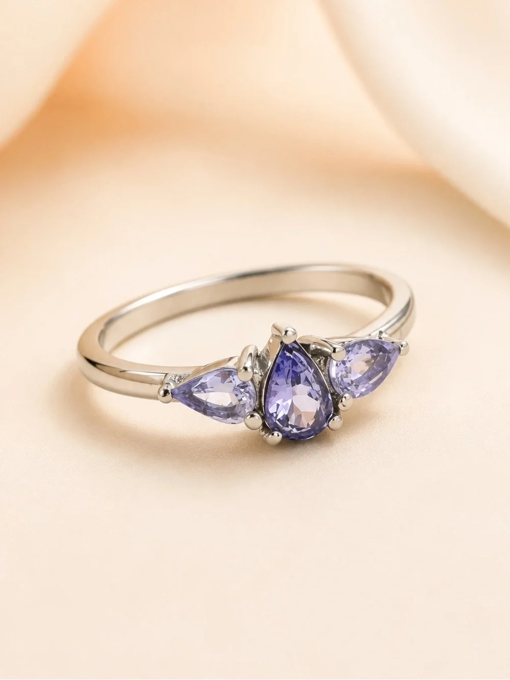 Tanzanite 3 Stone Ring 0.75 CTW Violet Blue Pear Cut Stainless Steel Ring Size 7